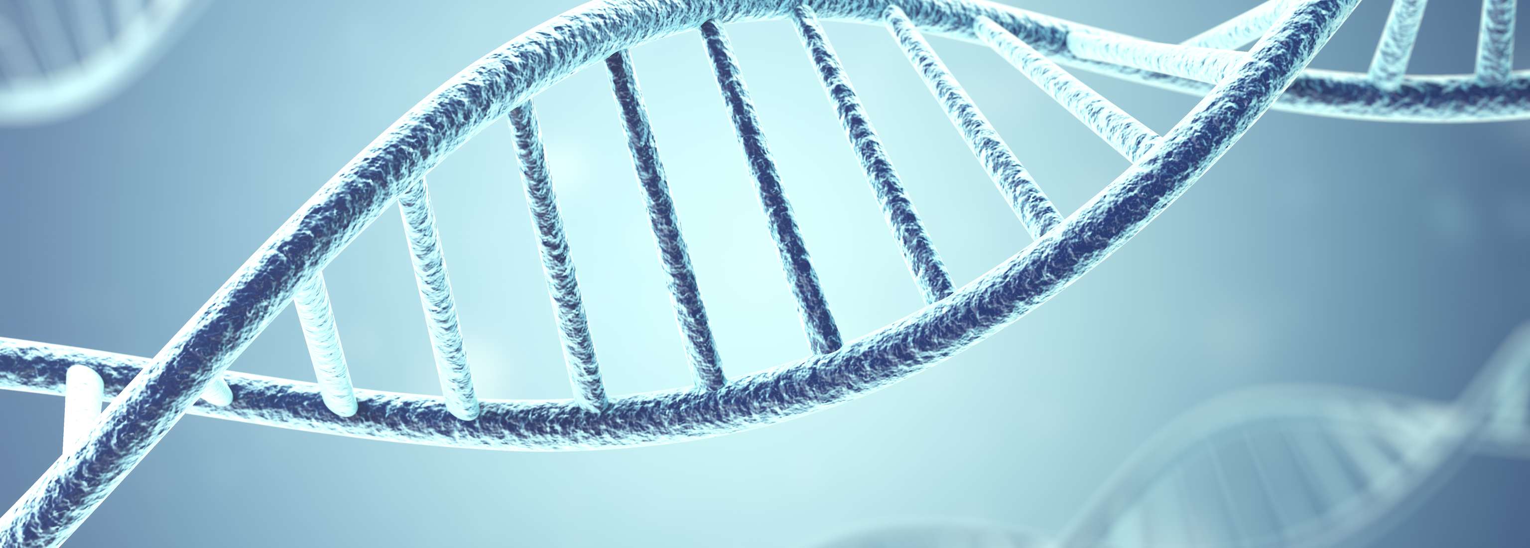 Darstellung von DNA-Doppelhelix auf einem blauen Hintergrund, symbolisiert genetische Forschung und Gesundheit.