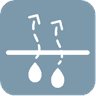 Symbol for moisture management featuring water droplets and lines representing evaporation.