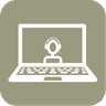Icon eines Laptops mit einer Person, die Kopfhörer trägt, vor einem Bildschirm.
