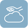 Hand touching a cloud on a blue background. Symbolizes comfort and lightness.