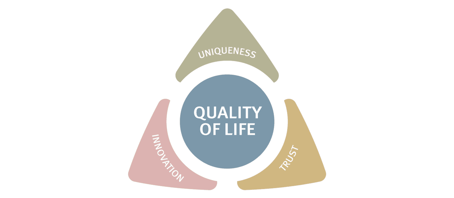 Three triangles with the terms uniqueness, innovation, and trust surrounding the central concept of quality of life.