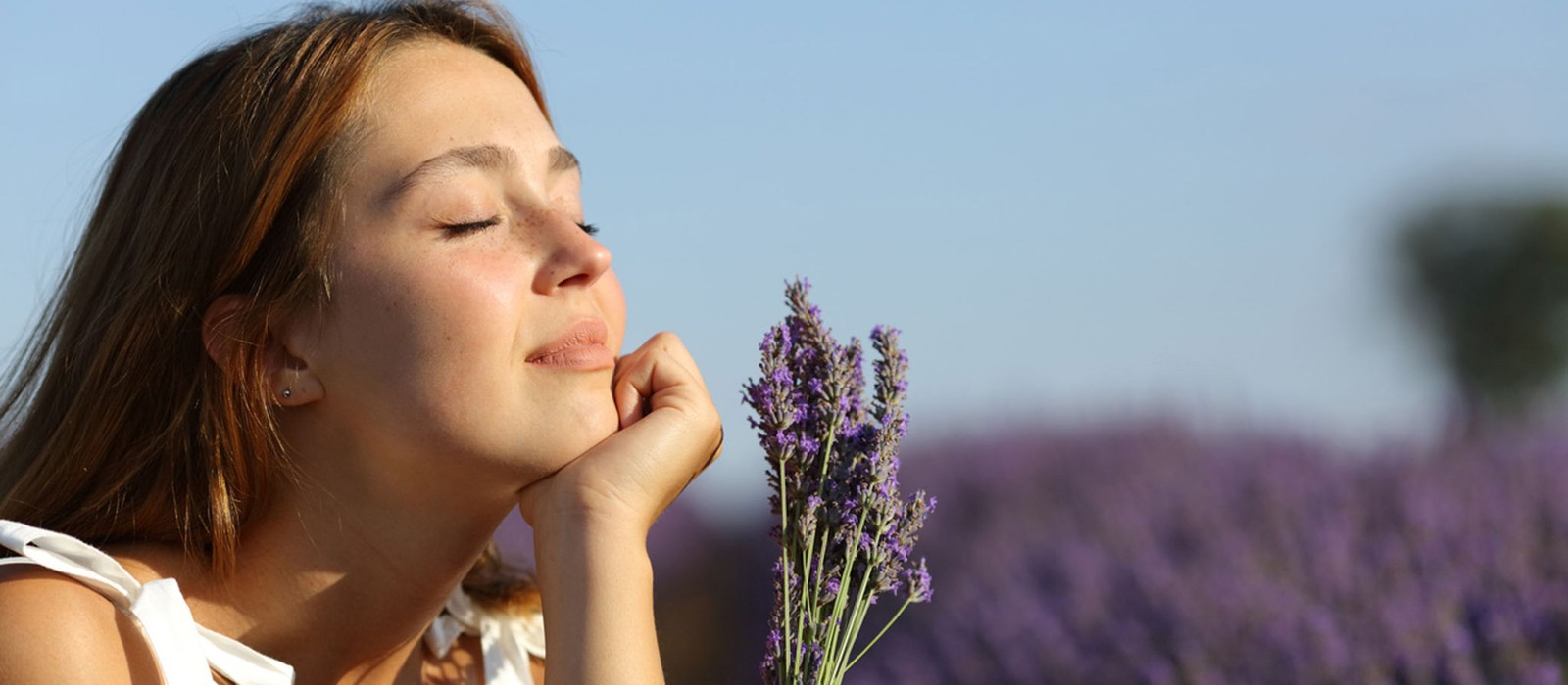 Frau mit geschlossenen Augen, die an Lavendelblüten riecht, umgeben von lila Lavendelfeldern.