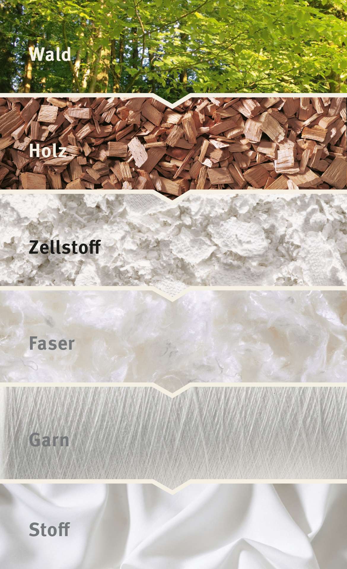Bild zeigt verschiedene Materialien wie Holz, Zellstoff, Faser, Garn und Stoff, die für Schlafsysteme verwendet werden.