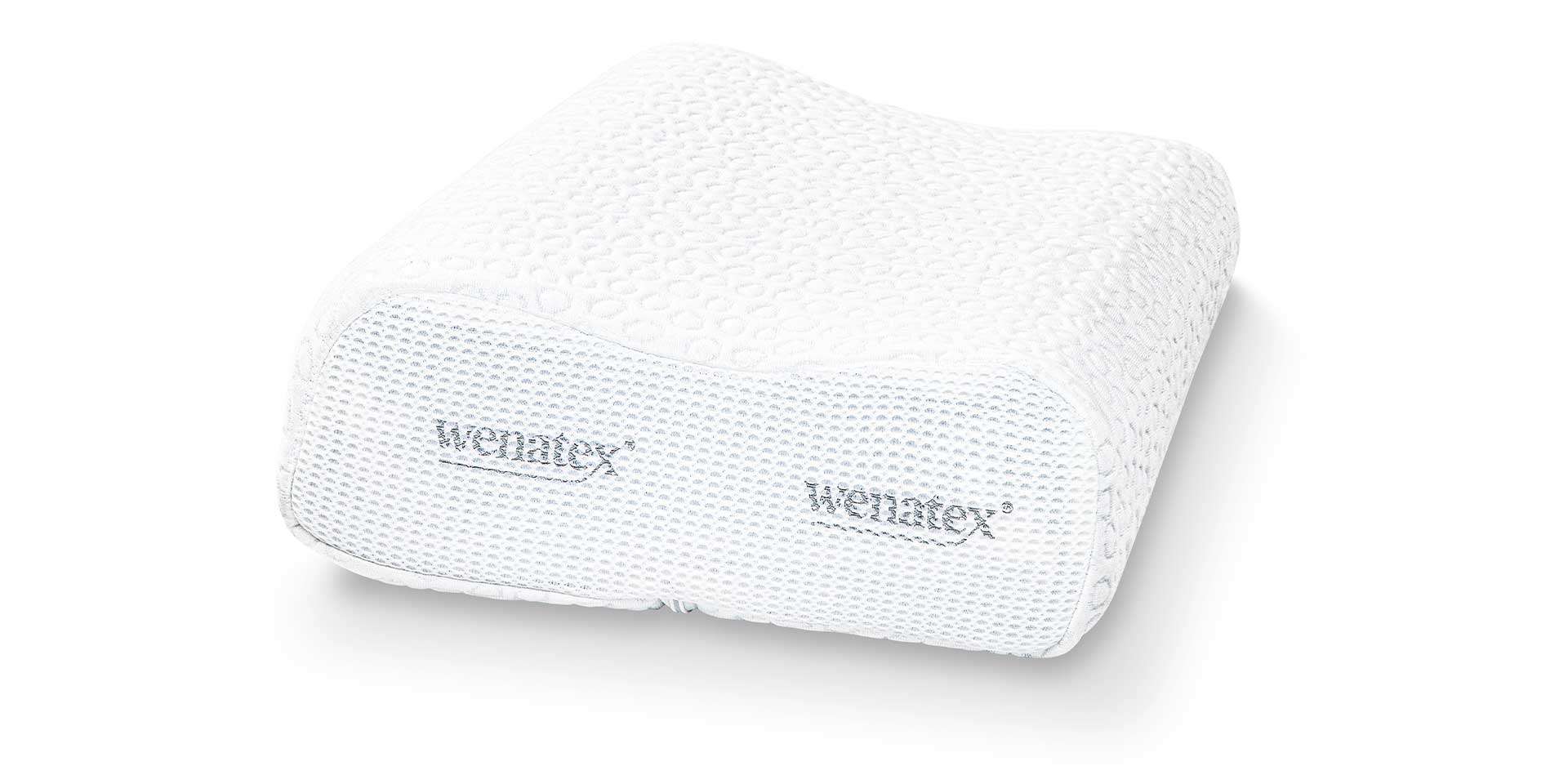 Nackenkissen mit strukturierter Oberfläche in Weiß, leicht gewölbt und ergonomisch geformt.