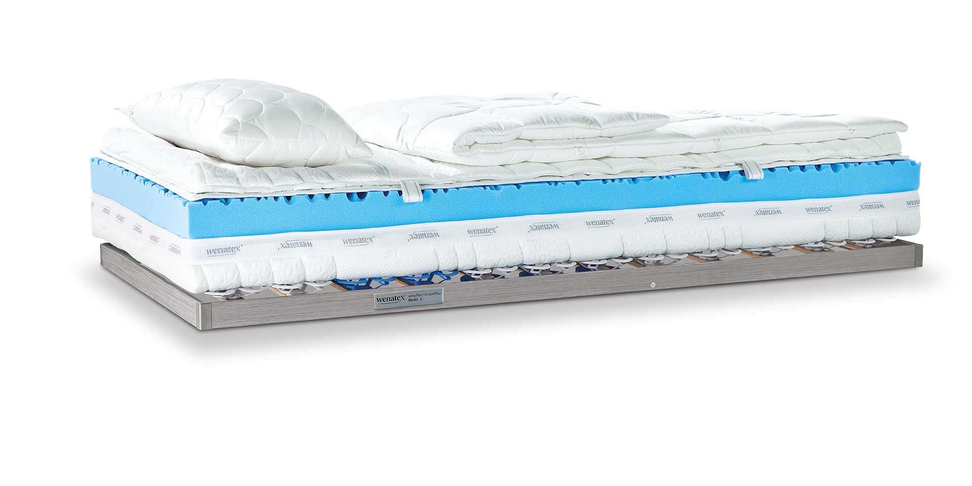 Schlafsystem mit mehreren Matratzenlagen und Kopfkissen auf einem stabilen Untergestell.