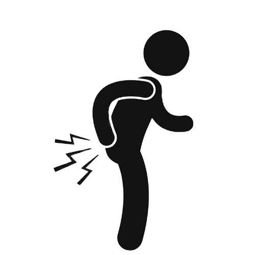 Symbol einer Person mit Rückenschmerzen, die sich schmerzhaft an den Rücken fasst.