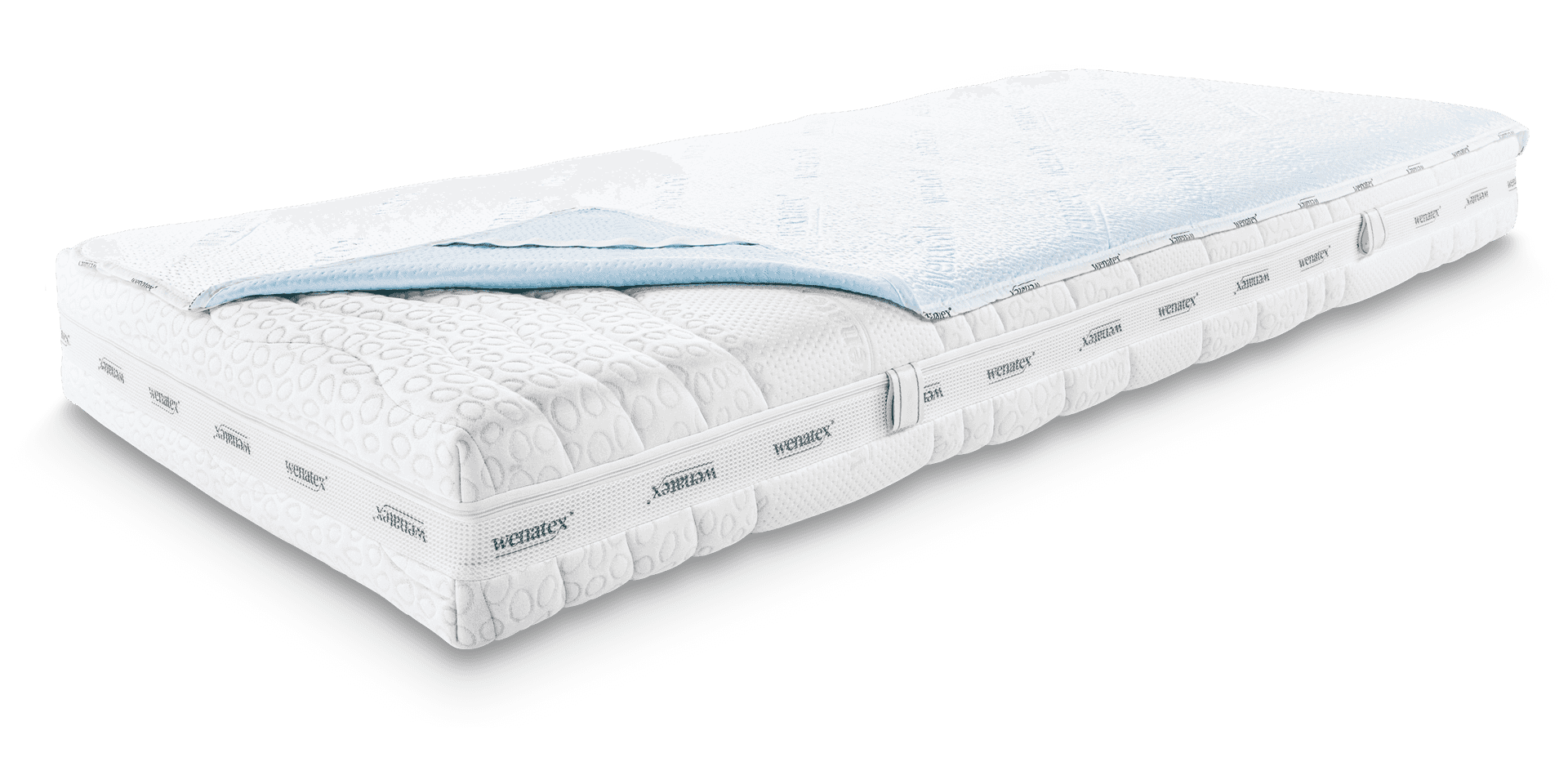 Mattress with Wenatex mattress topper in light blue and white cover, set against a neutral background.