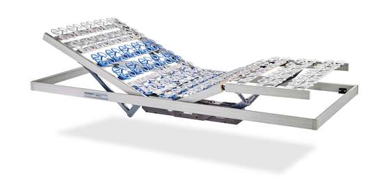 Adjustable slatted frame with motorized function and flexible elements for personalized comfort.