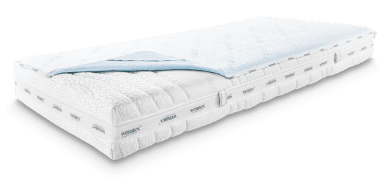 Mattress with Wenatex mattress topper in light blue and white cover, set against a neutral background.