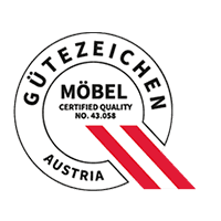 Gütezeichen für Möbel mit der Aufschrift "Gütezeichen Austria" und Zertifikatsnummer.