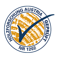 Siegel der Holzforschung Austria mit Prüfzeichen und Häkchen in blauer Schrift auf gelbem Hintergrund.